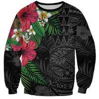 Hawaiian Tropical Plants Sweatshirt Kakau Tattoo and Polynesian Pattern Half Black Color