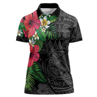 Hawaiian Tropical Plants Women Polo Shirt Kakau Tattoo and Polynesian Pattern Half Black Color LT03 Female Black - Polynesian Pride