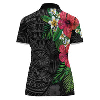 Hawaiian Tropical Plants Women Polo Shirt Kakau Tattoo and Polynesian Pattern Half Black Color LT03 - Polynesian Pride