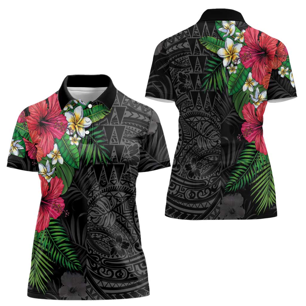 Hawaiian Tropical Plants Women Polo Shirt Kakau Tattoo and Polynesian Pattern Half Black Color LT03 - Polynesian Pride