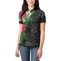 Hawaiian Tropical Plants Women Polo Shirt Kakau Tattoo and Polynesian Pattern Half Black Color LT03 - Polynesian Pride