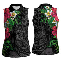 Hawaiian Tropical Plants Women Sleeveless Polo Shirt Kakau Tattoo and Polynesian Pattern Half Black Color