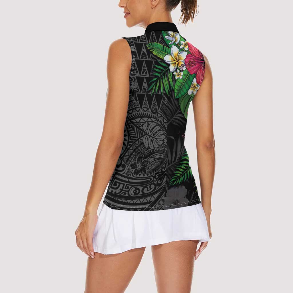 Hawaiian Tropical Plants Women Sleeveless Polo Shirt Kakau Tattoo and Polynesian Pattern Half Black Color