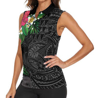 Hawaiian Tropical Plants Women Sleeveless Polo Shirt Kakau Tattoo and Polynesian Pattern Half Black Color