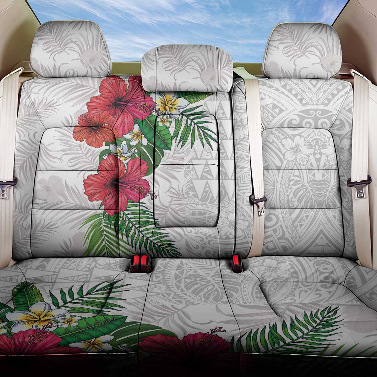 Hawaiian Tropical Plants Back Car Seat Cover Kakau Tattoo and Polynesian Pattern Half White Color