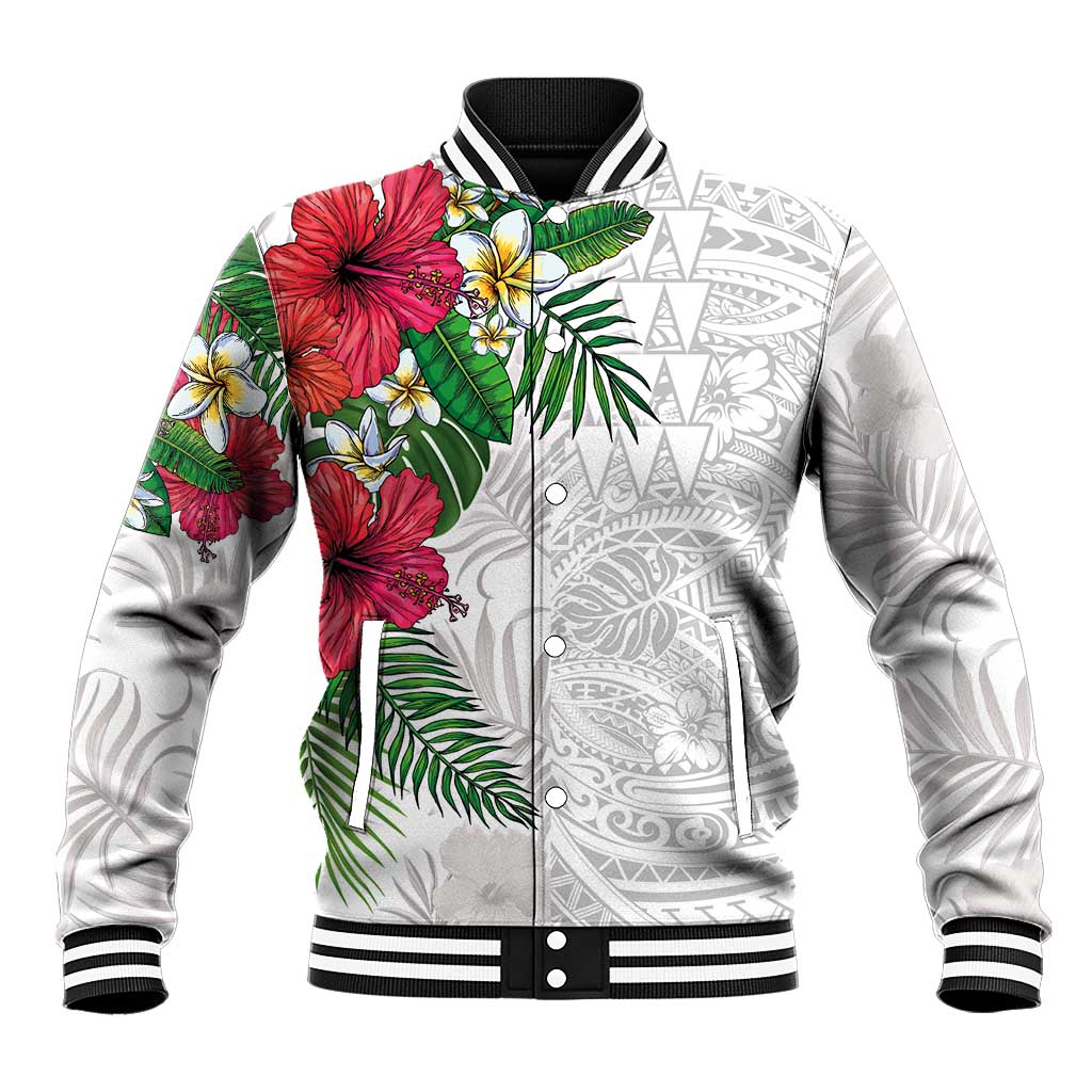 Hawaiian Tropical Plants Baseball Jacket Kakau Tattoo and Polynesian Pattern Half White Color