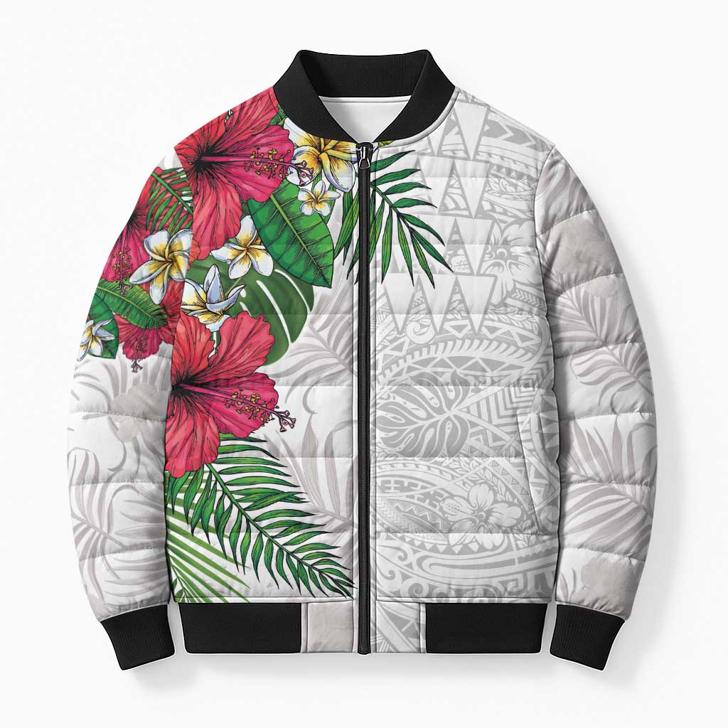Hawaiian Tropical Plants Bomber Puffer Jacket Kakau Tattoo and Polynesian Pattern Half White Color LT03 Unisex White - Polynesian Pride