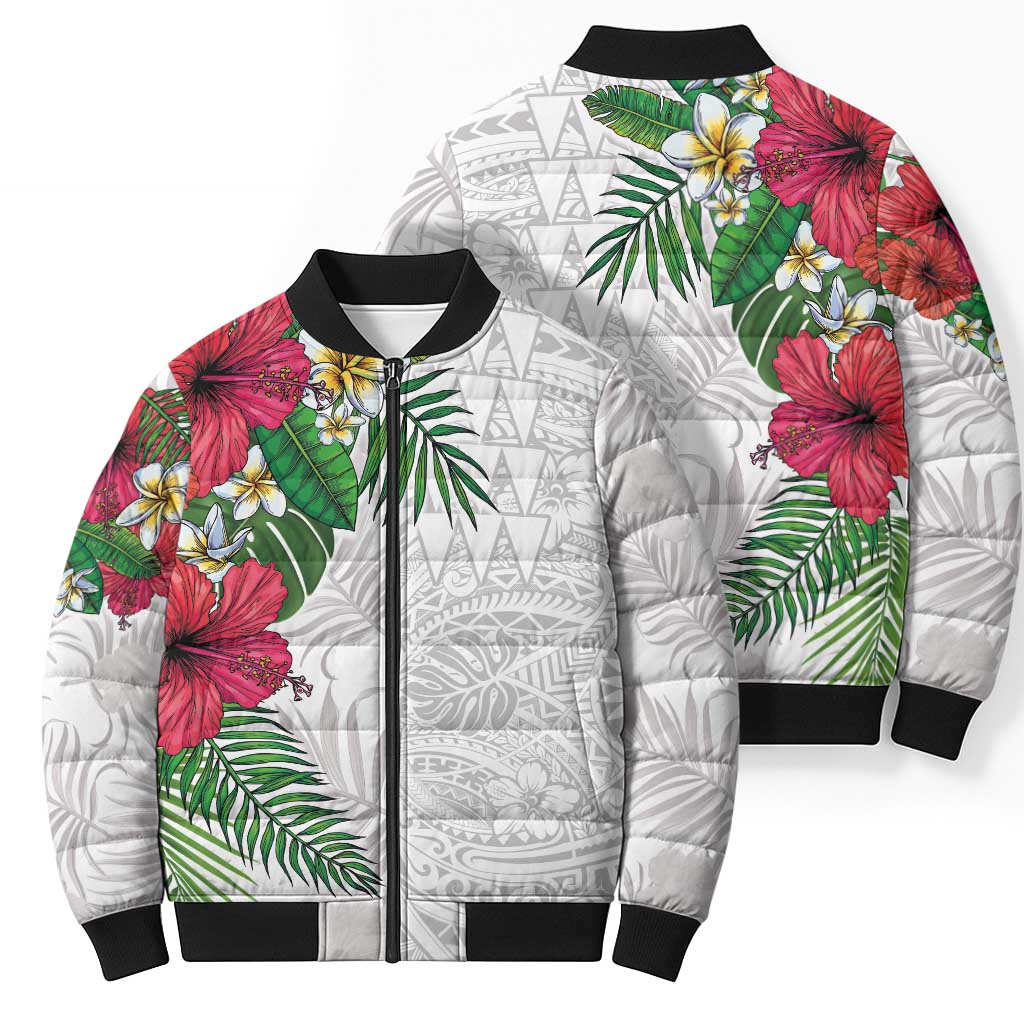 Hawaiian Tropical Plants Bomber Puffer Jacket Kakau Tattoo and Polynesian Pattern Half White Color LT03 - Polynesian Pride