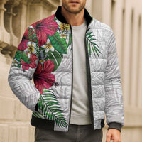 Hawaiian Tropical Plants Bomber Puffer Jacket Kakau Tattoo and Polynesian Pattern Half White Color LT03 - Polynesian Pride