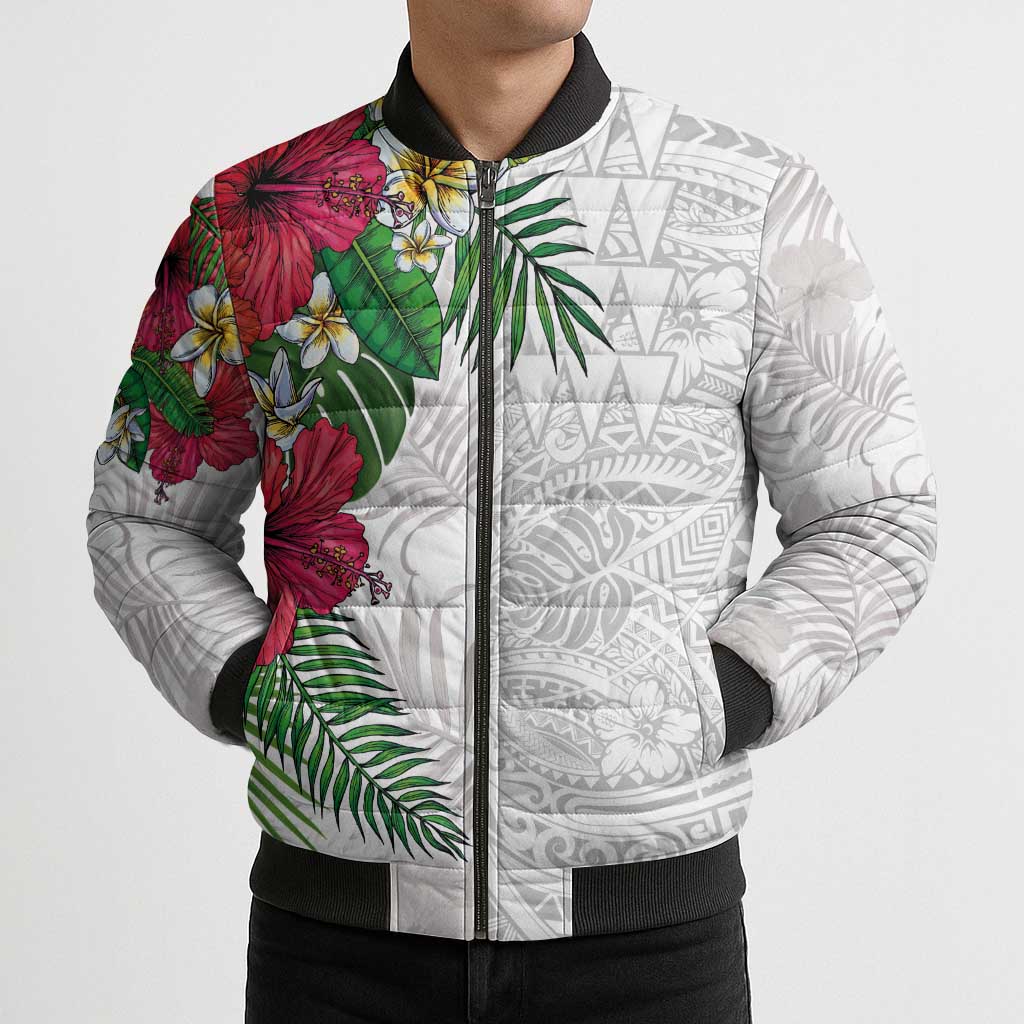 Hawaiian Tropical Plants Bomber Puffer Jacket Kakau Tattoo and Polynesian Pattern Half White Color LT03 - Polynesian Pride
