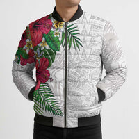 Hawaiian Tropical Plants Bomber Puffer Jacket Kakau Tattoo and Polynesian Pattern Half White Color LT03 - Polynesian Pride