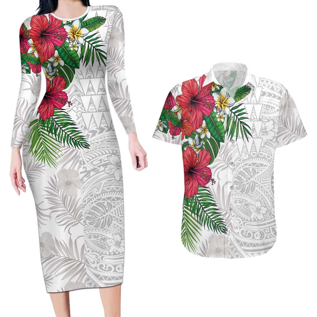 Hawaiian Tropical Plants Couples Matching Long Sleeve Bodycon Dress and Hawaiian Shirt Kakau Tattoo and Polynesian Pattern Half White Color