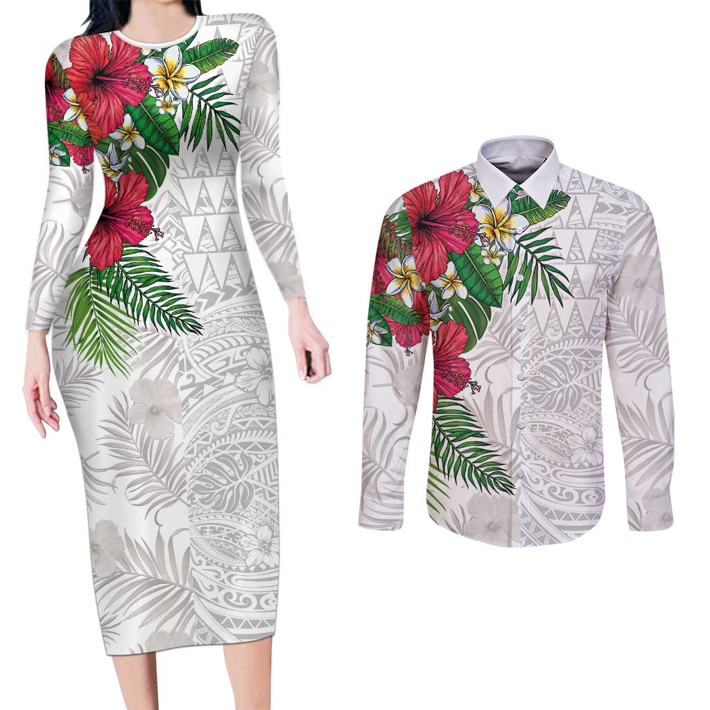 Hawaiian Tropical Plants Couples Matching Long Sleeve Bodycon Dress and Long Sleeve Button Shirt Kakau Tattoo and Polynesian Pattern Half White Color LT03 White - Polynesian Pride