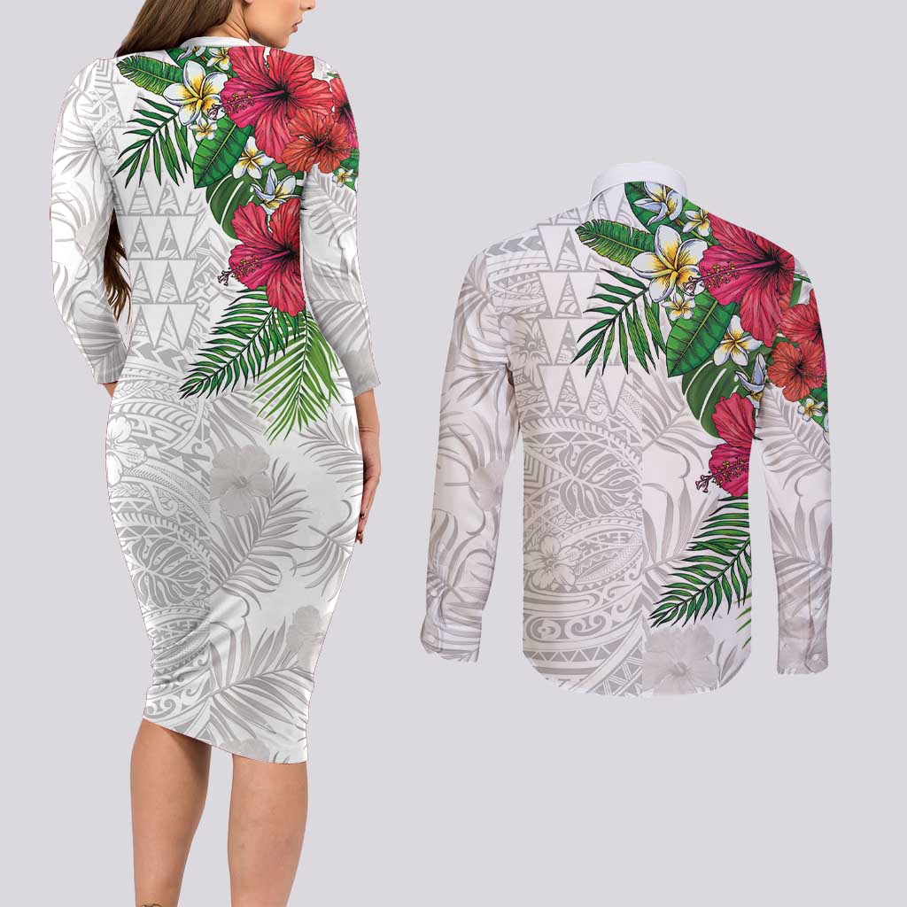 Hawaiian Tropical Plants Couples Matching Long Sleeve Bodycon Dress and Long Sleeve Button Shirt Kakau Tattoo and Polynesian Pattern Half White Color LT03 - Polynesian Pride