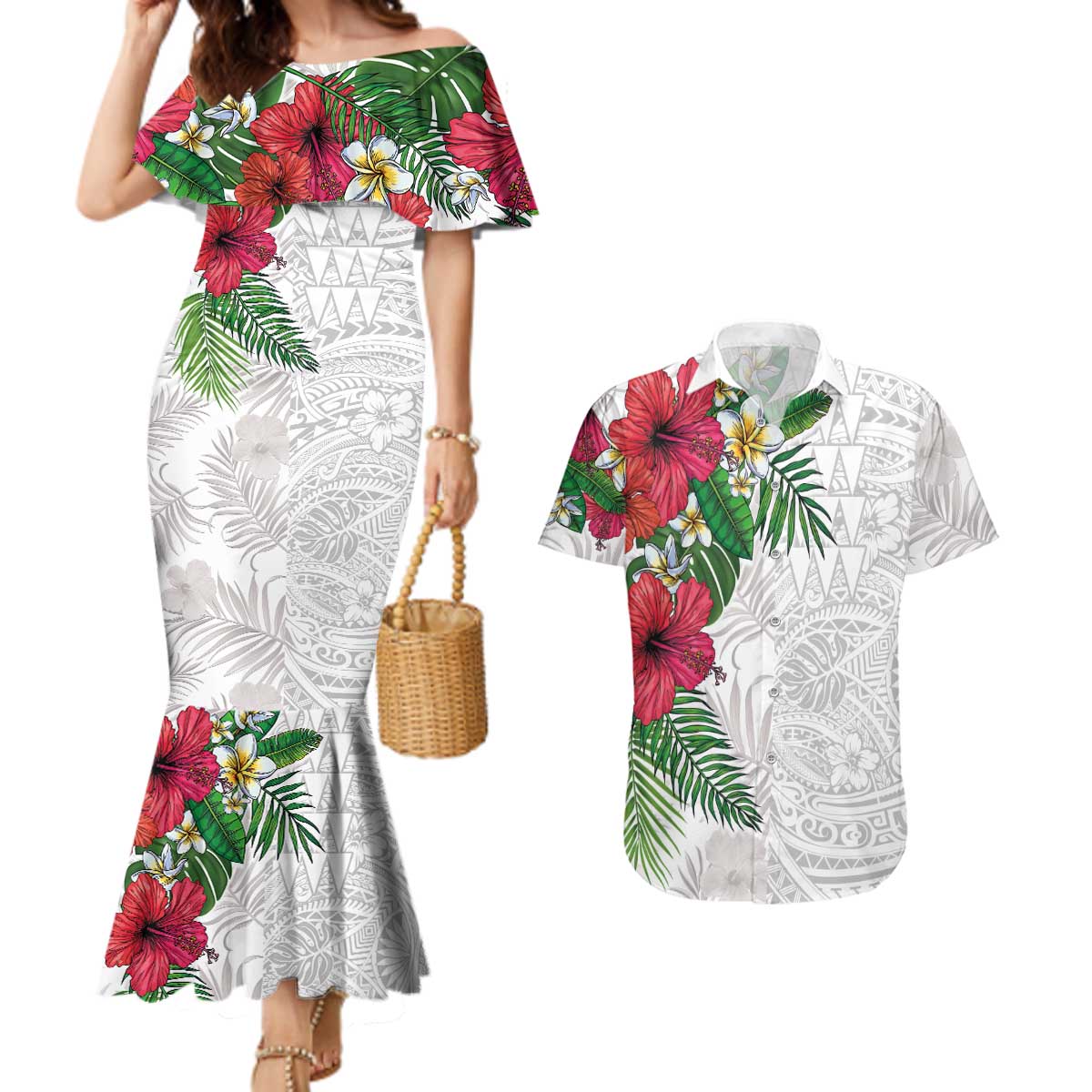 Hawaiian Tropical Plants Couples Matching Mermaid Dress and Hawaiian Shirt Kakau Tattoo and Polynesian Pattern Half White Color LT03 White - Polynesian Pride