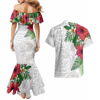 Hawaiian Tropical Plants Couples Matching Mermaid Dress and Hawaiian Shirt Kakau Tattoo and Polynesian Pattern Half White Color LT03 - Polynesian Pride