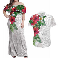 Hawaiian Tropical Plants Couples Matching Off Shoulder Maxi Dress and Hawaiian Shirt Kakau Tattoo and Polynesian Pattern Half White Color LT03 White - Polynesian Pride