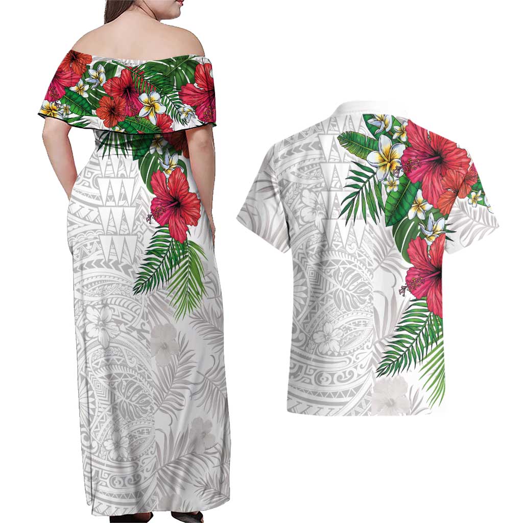 Hawaiian Tropical Plants Couples Matching Off Shoulder Maxi Dress and Hawaiian Shirt Kakau Tattoo and Polynesian Pattern Half White Color LT03 - Polynesian Pride
