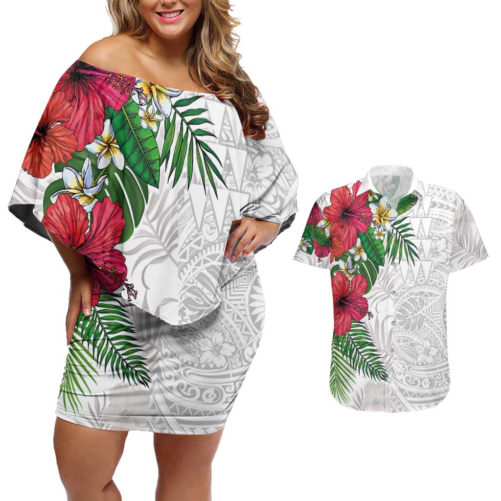 Hawaiian Tropical Plants Couples Matching Off Shoulder Short Dress and Hawaiian Shirt Kakau Tattoo and Polynesian Pattern Half White Color LT03 White - Polynesian Pride