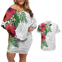 Hawaiian Tropical Plants Couples Matching Off Shoulder Short Dress and Hawaiian Shirt Kakau Tattoo and Polynesian Pattern Half White Color LT03 White - Polynesian Pride