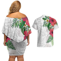 Hawaiian Tropical Plants Couples Matching Off Shoulder Short Dress and Hawaiian Shirt Kakau Tattoo and Polynesian Pattern Half White Color LT03 - Polynesian Pride