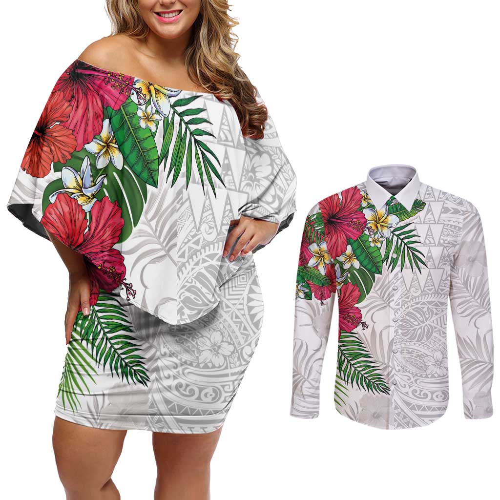 Hawaiian Tropical Plants Couples Matching Off Shoulder Short Dress and Long Sleeve Button Shirt Kakau Tattoo and Polynesian Pattern Half White Color