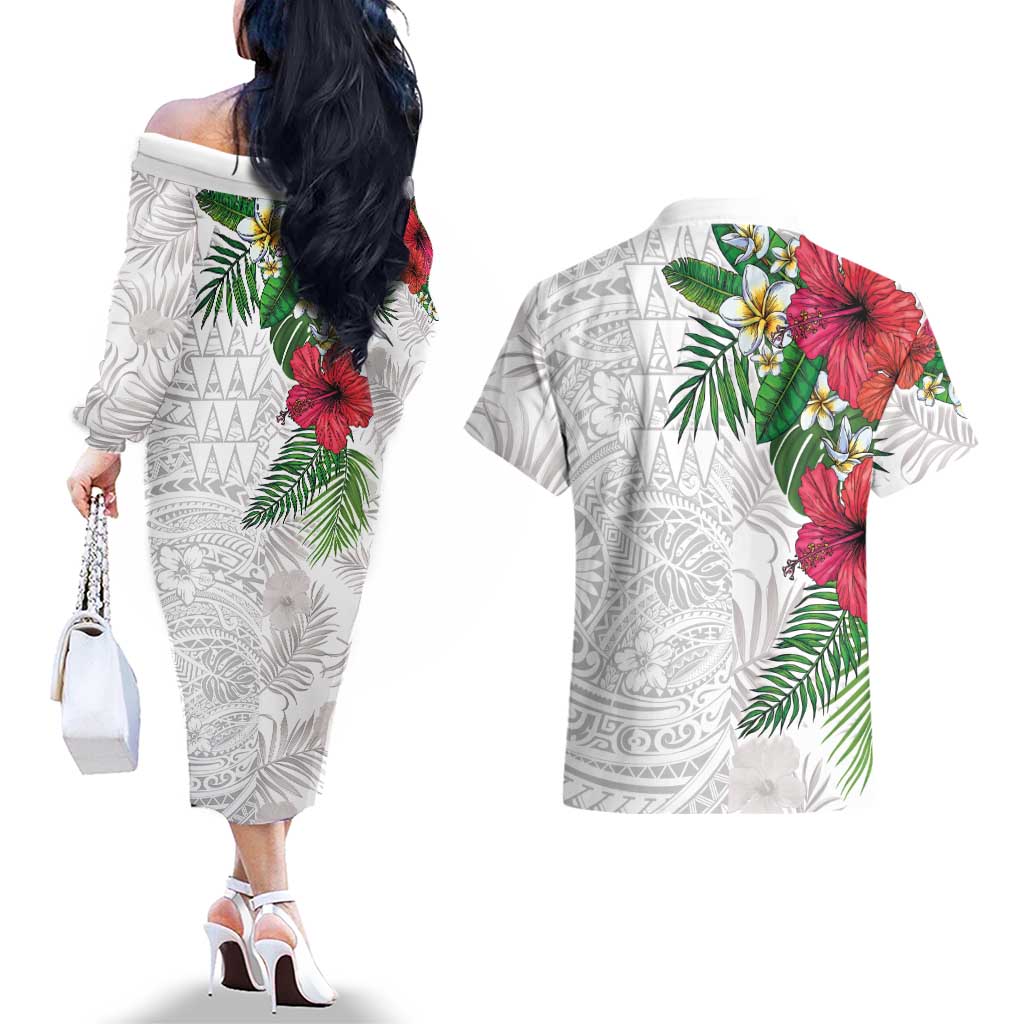 Hawaiian Tropical Plants Couples Matching Off The Shoulder Long Sleeve Dress and Hawaiian Shirt Kakau Tattoo and Polynesian Pattern Half White Color