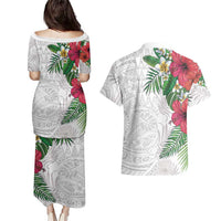 Hawaiian Tropical Plants Couples Matching Puletasi and Hawaiian Shirt Kakau Tattoo and Polynesian Pattern Half White Color