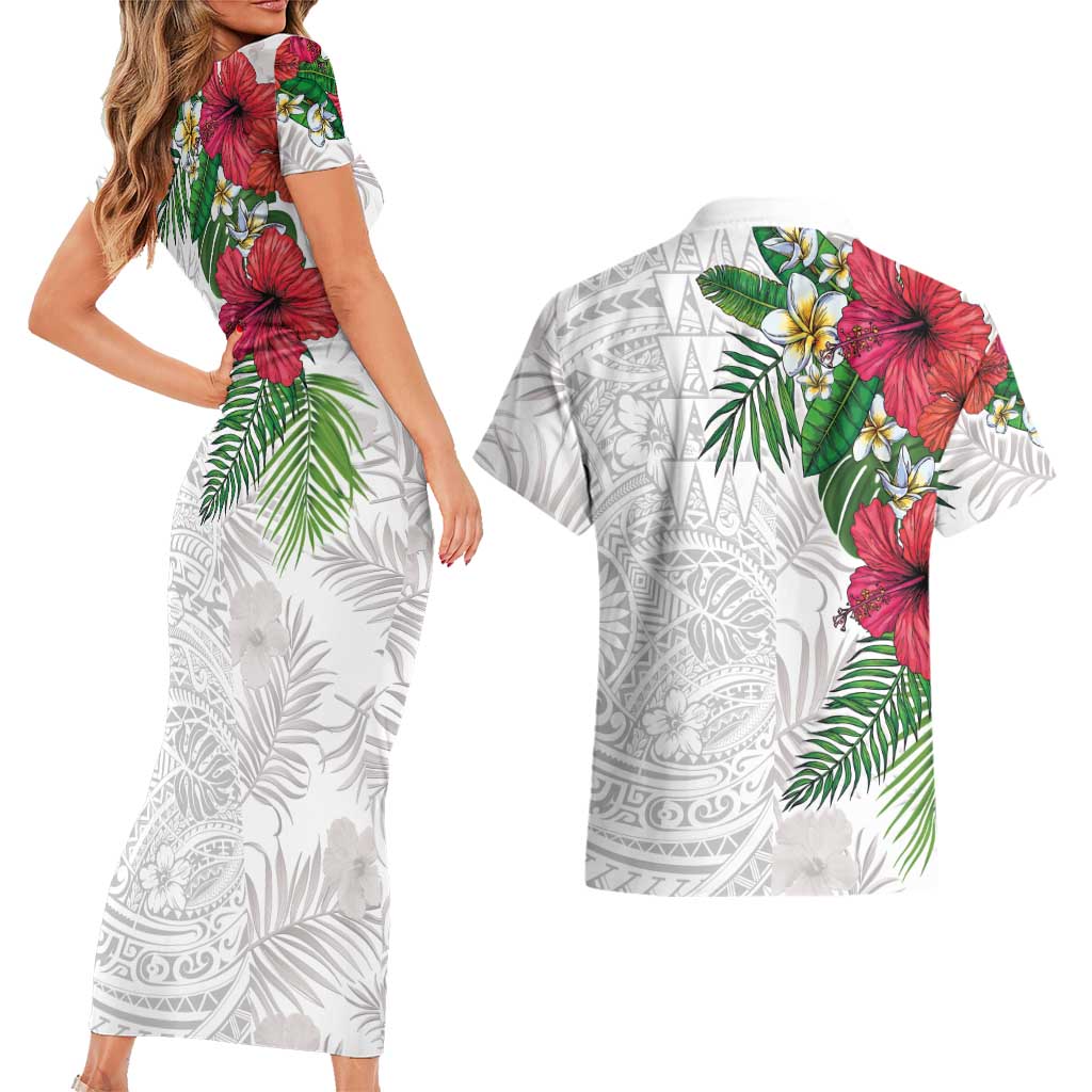 Hawaiian Tropical Plants Couples Matching Short Sleeve Bodycon Dress and Hawaiian Shirt Kakau Tattoo and Polynesian Pattern Half White Color