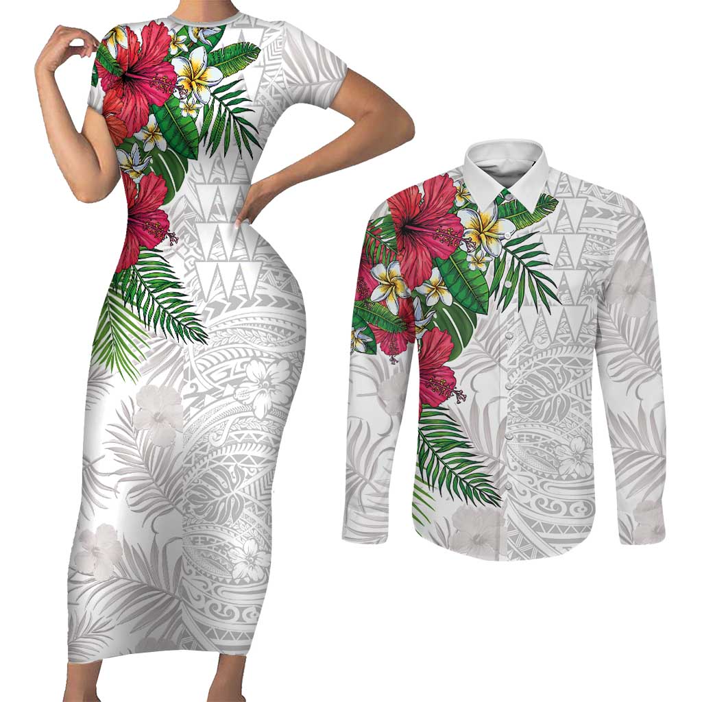 Hawaiian Tropical Plants Couples Matching Short Sleeve Bodycon Dress and Long Sleeve Button Shirt Kakau Tattoo and Polynesian Pattern Half White Color LT03 White - Polynesian Pride