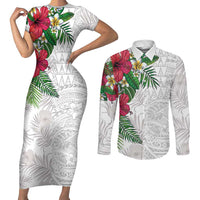 Hawaiian Tropical Plants Couples Matching Short Sleeve Bodycon Dress and Long Sleeve Button Shirt Kakau Tattoo and Polynesian Pattern Half White Color LT03 White - Polynesian Pride