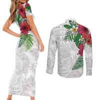 Hawaiian Tropical Plants Couples Matching Short Sleeve Bodycon Dress and Long Sleeve Button Shirt Kakau Tattoo and Polynesian Pattern Half White Color LT03 - Polynesian Pride