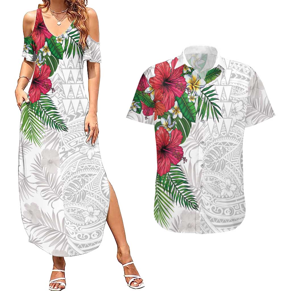 Hawaiian Tropical Plants Couples Matching Summer Maxi Dress and Hawaiian Shirt Kakau Tattoo and Polynesian Pattern Half White Color