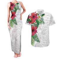 Hawaiian Tropical Plants Couples Matching Tank Maxi Dress and Hawaiian Shirt Kakau Tattoo and Polynesian Pattern Half White Color LT03 White - Polynesian Pride