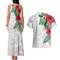 Hawaiian Tropical Plants Couples Matching Tank Maxi Dress and Hawaiian Shirt Kakau Tattoo and Polynesian Pattern Half White Color LT03 - Polynesian Pride
