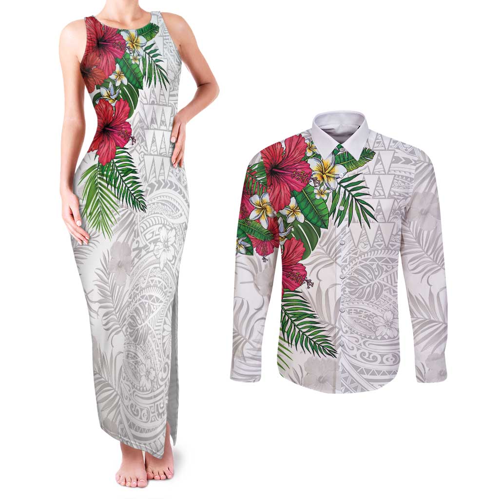 Hawaiian Tropical Plants Couples Matching Tank Maxi Dress and Long Sleeve Button Shirt Kakau Tattoo and Polynesian Pattern Half White Color