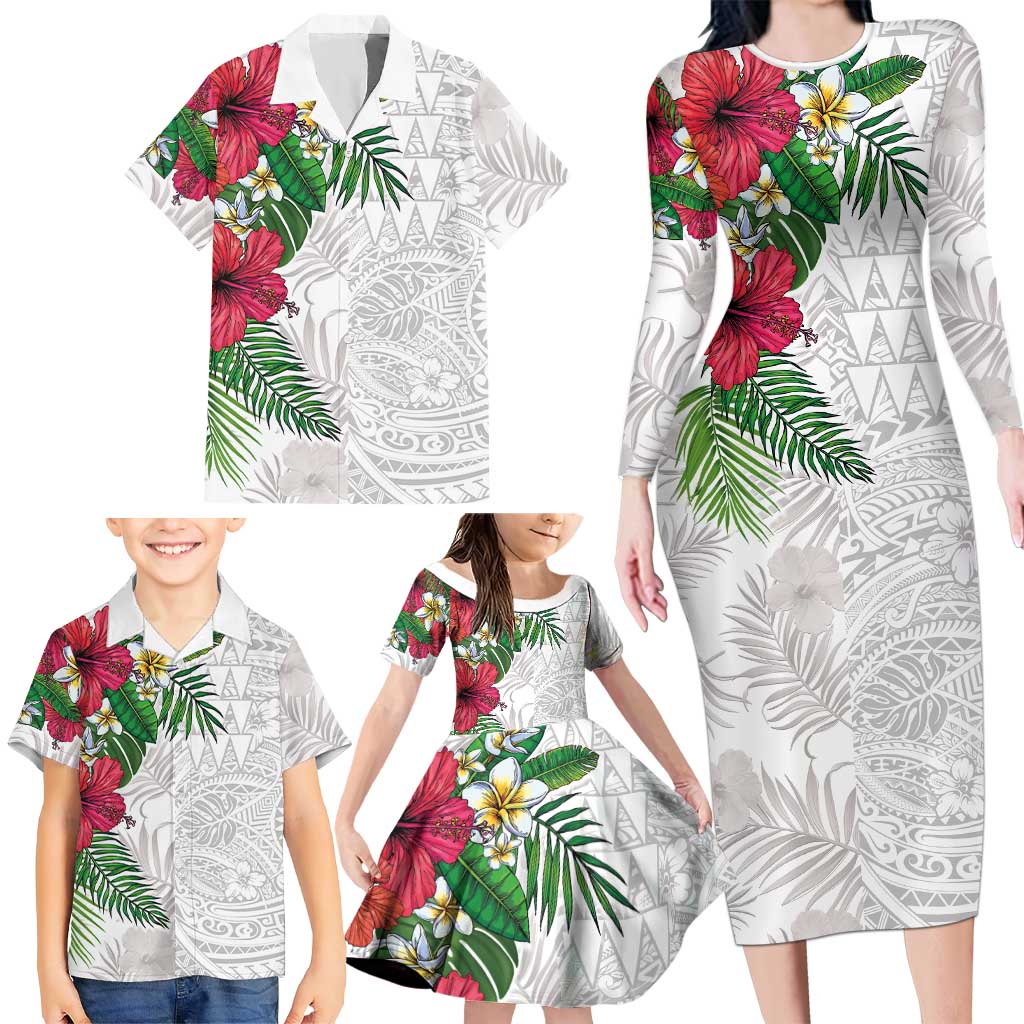 Hawaiian Tropical Plants Family Matching Long Sleeve Bodycon Dress and Hawaiian Shirt Kakau Tattoo and Polynesian Pattern Half White Color