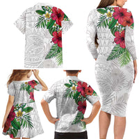 Hawaiian Tropical Plants Family Matching Long Sleeve Bodycon Dress and Hawaiian Shirt Kakau Tattoo and Polynesian Pattern Half White Color