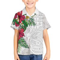 Hawaiian Tropical Plants Family Matching Long Sleeve Bodycon Dress and Hawaiian Shirt Kakau Tattoo and Polynesian Pattern Half White Color