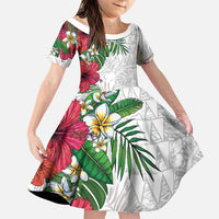 Hawaiian Tropical Plants Family Matching Mermaid Dress and Hawaiian Shirt Kakau Tattoo and Polynesian Pattern Half White Color