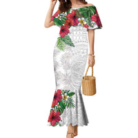 Hawaiian Tropical Plants Family Matching Mermaid Dress and Hawaiian Shirt Kakau Tattoo and Polynesian Pattern Half White Color