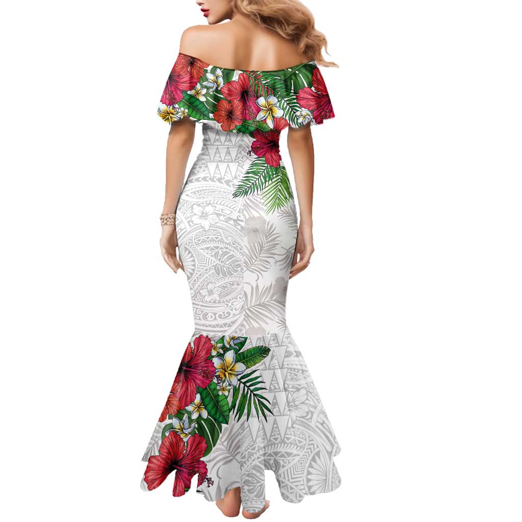 Hawaiian Tropical Plants Family Matching Mermaid Dress and Hawaiian Shirt Kakau Tattoo and Polynesian Pattern Half White Color