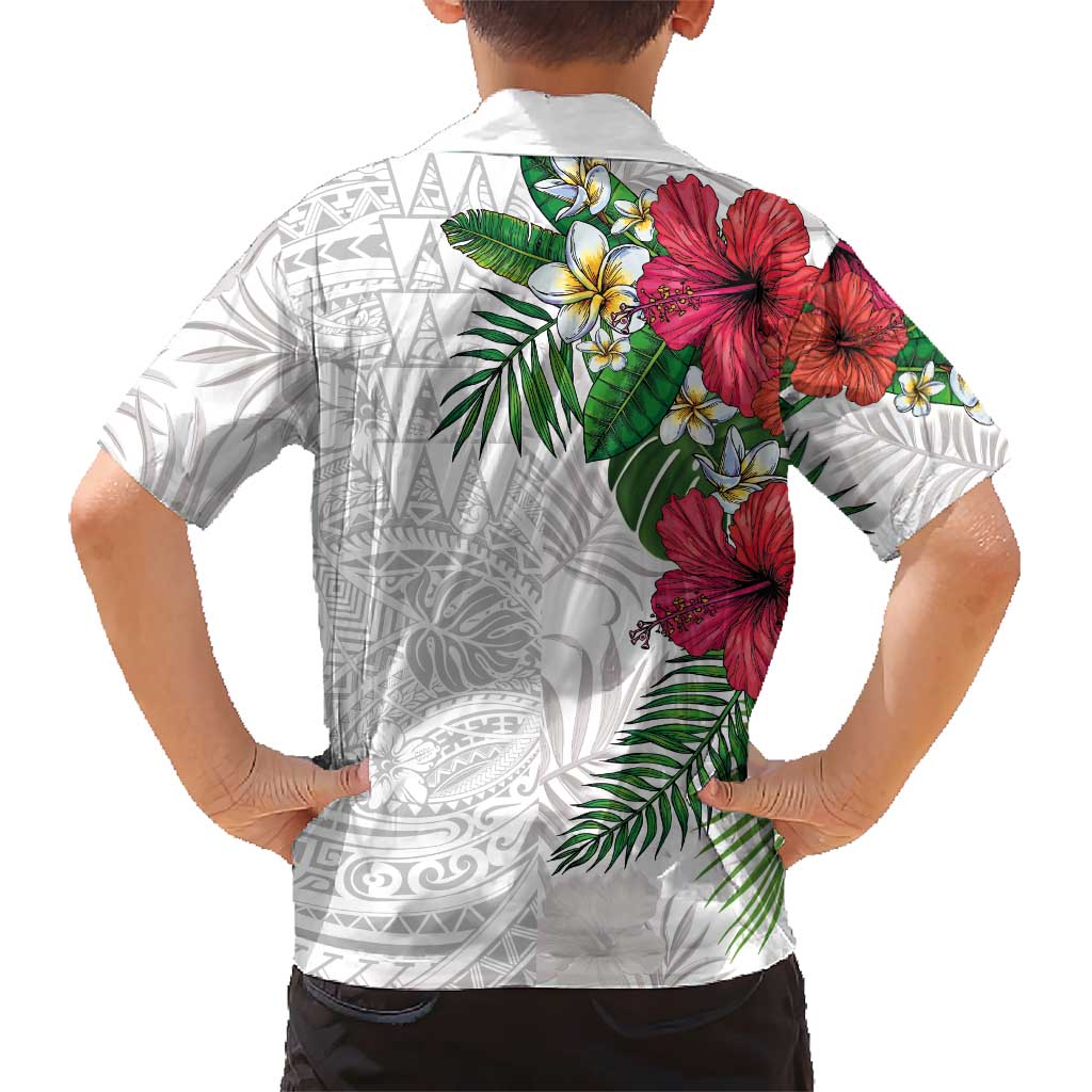 Hawaiian Tropical Plants Family Matching Off The Shoulder Long Sleeve Dress and Hawaiian Shirt Kakau Tattoo and Polynesian Pattern Half White Color