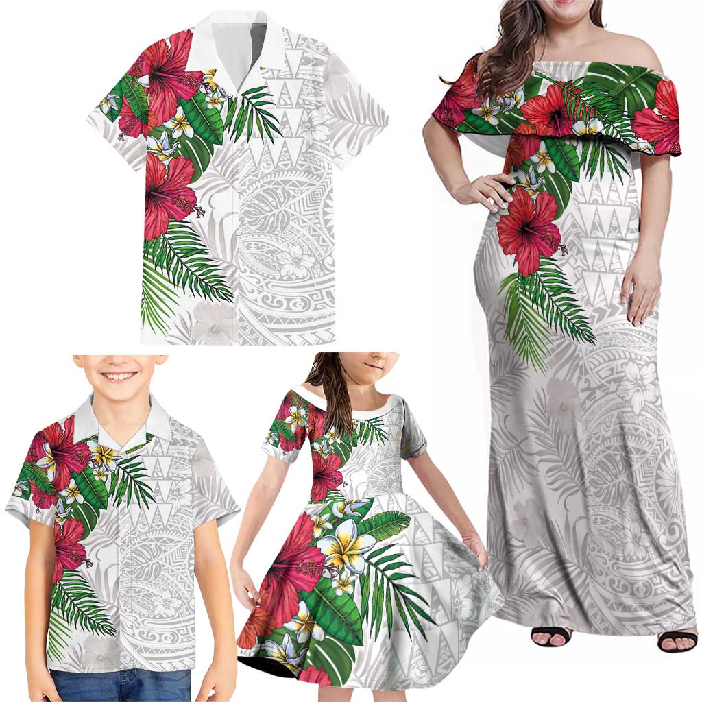 Hawaiian Tropical Plants Family Matching Off Shoulder Maxi Dress and Hawaiian Shirt Kakau Tattoo and Polynesian Pattern Half White Color