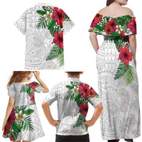 Hawaiian Tropical Plants Family Matching Off Shoulder Maxi Dress and Hawaiian Shirt Kakau Tattoo and Polynesian Pattern Half White Color