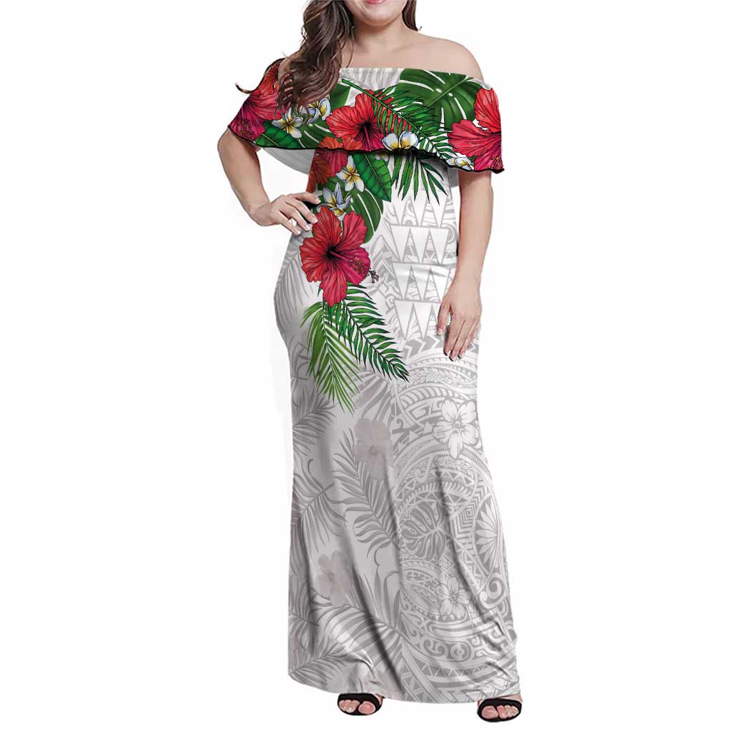 Hawaiian Tropical Plants Family Matching Off Shoulder Maxi Dress and Hawaiian Shirt Kakau Tattoo and Polynesian Pattern Half White Color