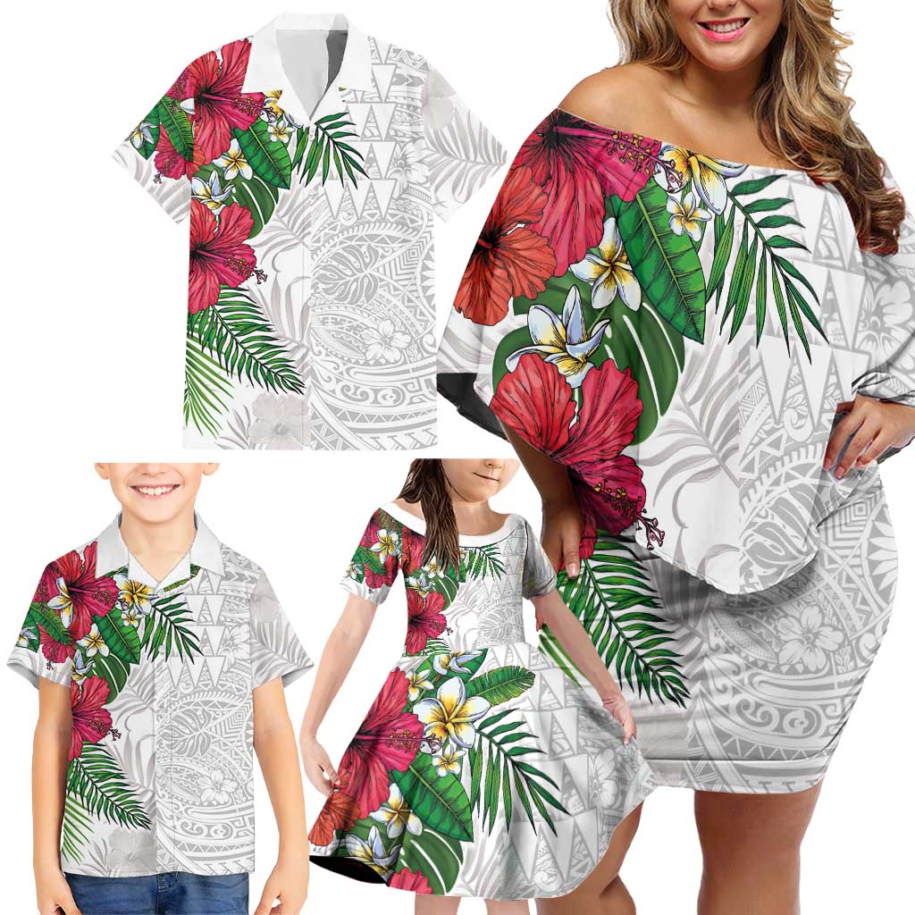 Hawaiian Tropical Plants Family Matching Off Shoulder Short Dress and Hawaiian Shirt Kakau Tattoo and Polynesian Pattern Half White Color