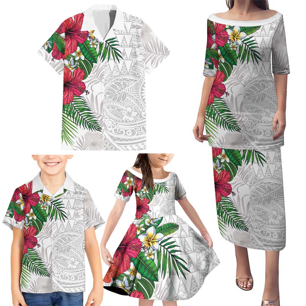 Hawaiian Tropical Plants Family Matching Puletasi and Hawaiian Shirt Kakau Tattoo and Polynesian Pattern Half White Color