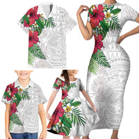 Hawaiian Tropical Plants Family Matching Short Sleeve Bodycon Dress and Hawaiian Shirt Kakau Tattoo and Polynesian Pattern Half White Color