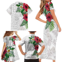 Hawaiian Tropical Plants Family Matching Short Sleeve Bodycon Dress and Hawaiian Shirt Kakau Tattoo and Polynesian Pattern Half White Color